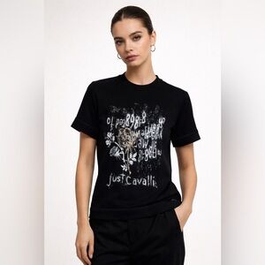 Just Cavalli Black Graphic Tee | Designer | Unisex S | Made in Italy